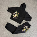 Derschutze Floral Embroidery Hooded Sweatshirt, Loose Fit Sweatpants, Fleece Lined Casual Sports Suit