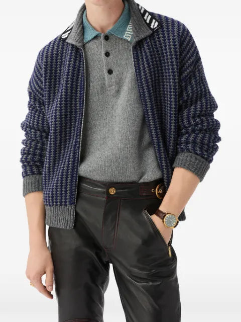 Versace intarsia wool knit zip cardigan