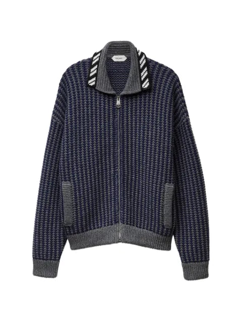 Versace intarsia wool knit zip cardigan