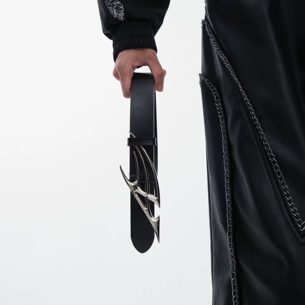 Avant-Garde Cyberpunk Leather Belt Sculptural Metal Buckle Waist Belt