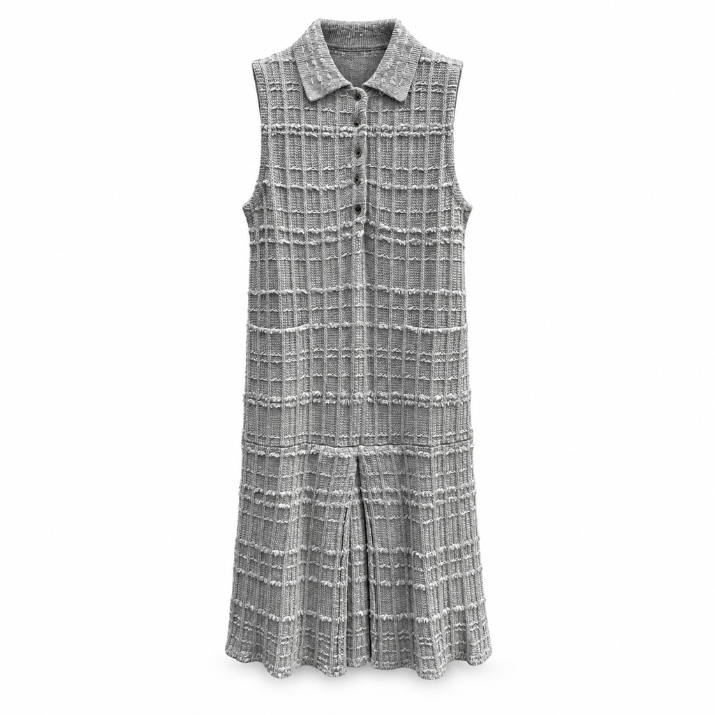 Thom Browne Style Gray Tweed Jacquard Sleeveless Polo Dress