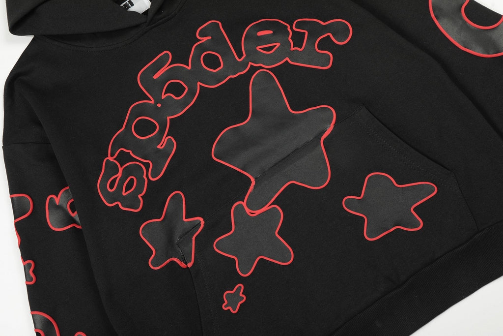 Sp5der Black Red Outline Star Graphic Hoodie