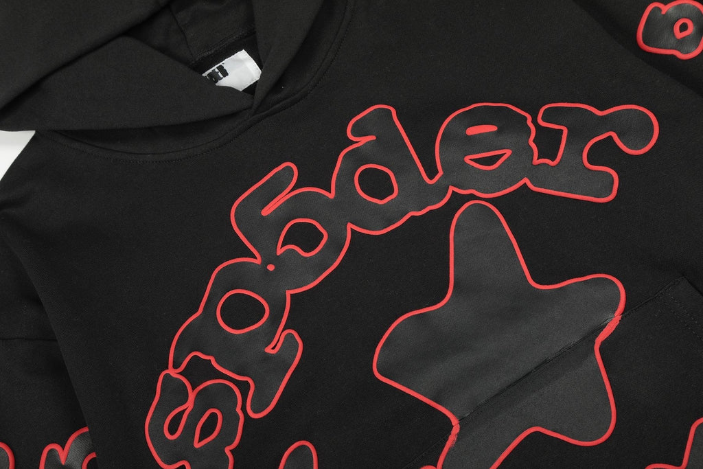 Sp5der Black Red Outline Star Graphic Hoodie