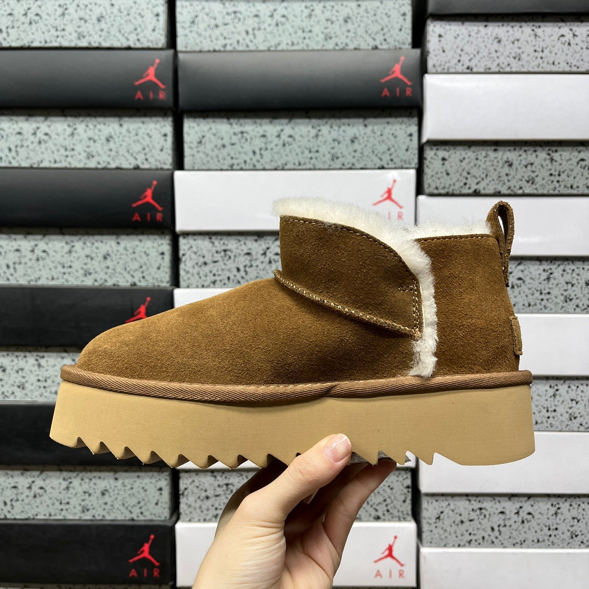 UGG Classic Ultra Mini Platform Women's Boot – Suede Ankle Boot with Cream Shearling Lining, Tonal Pull Loop & Chunky Serrated Platform Sole in Chestnut