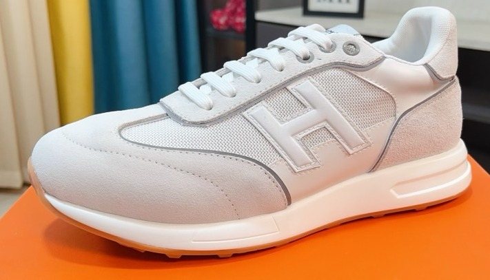 Hermès White and Light Gray Low-Top Sneakers