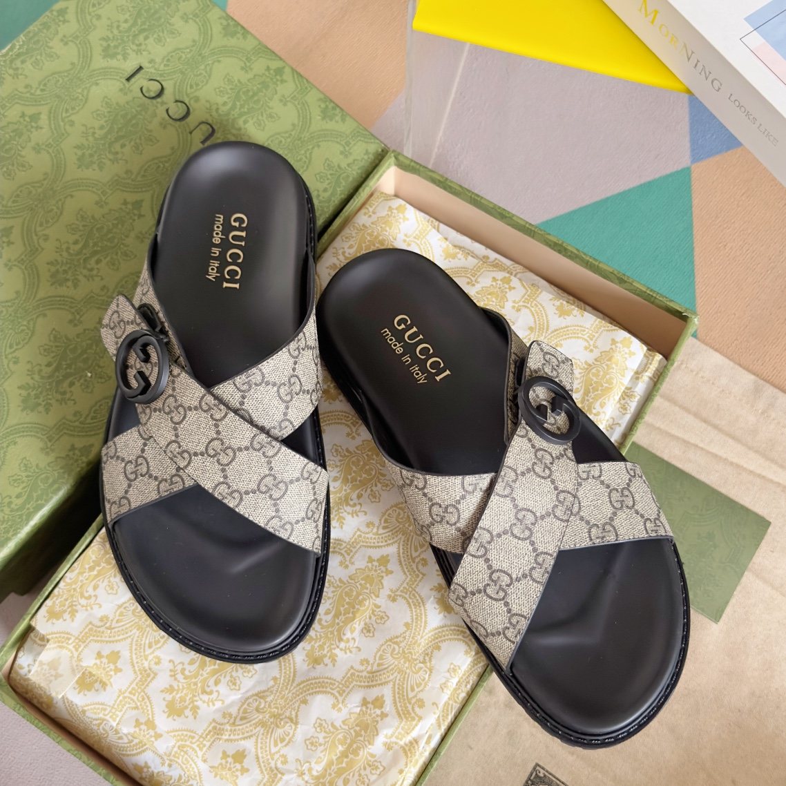 Gucci Beige Monogram Crossover Slide Sandals