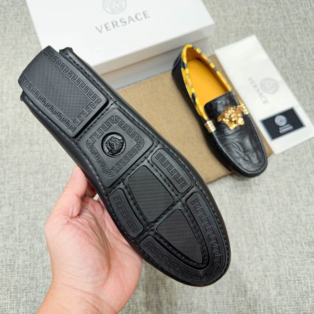 Versace Men's Black Gold-Tone Hardware Loafers - Embossed Texture