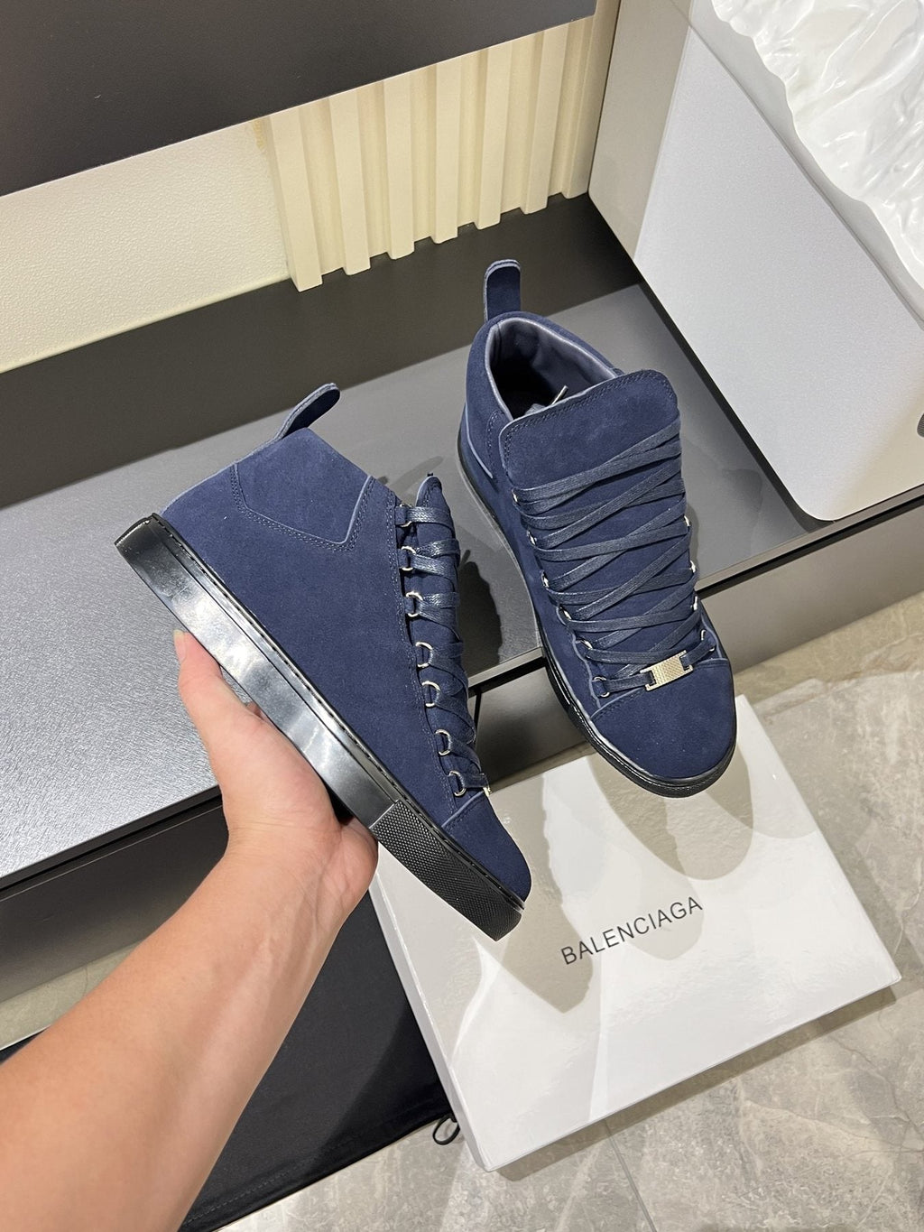 Balenciaga Navy Blue Lace-Up High-Top Sneakers