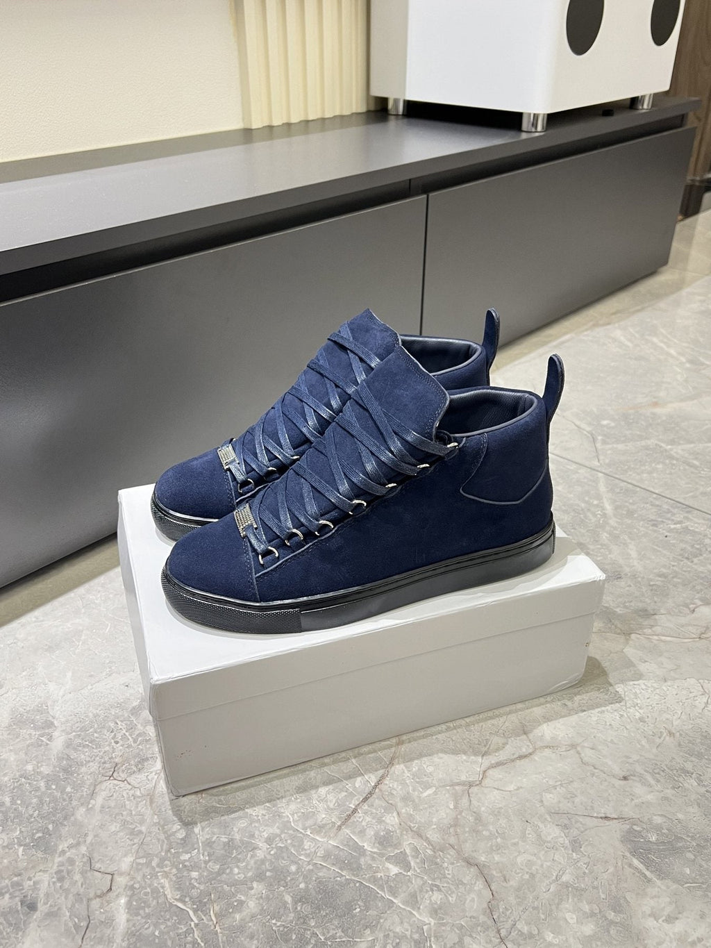 Balenciaga Navy Blue Lace-Up High-Top Sneakers