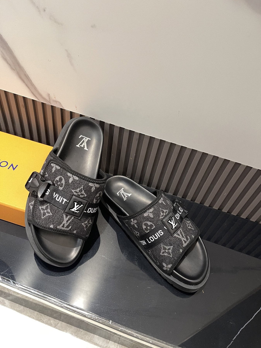 Louis Vuitton Black Monogram Slide Sandals - Open Toe