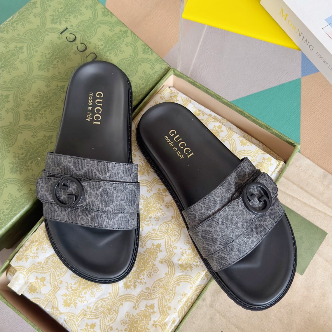 Gucci Gray Monogram Slide Sandals