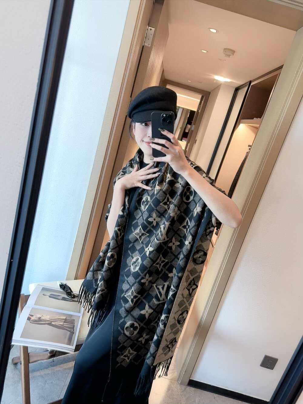 Louis Vuitton Dark Brown Fringed Patterned Scarf