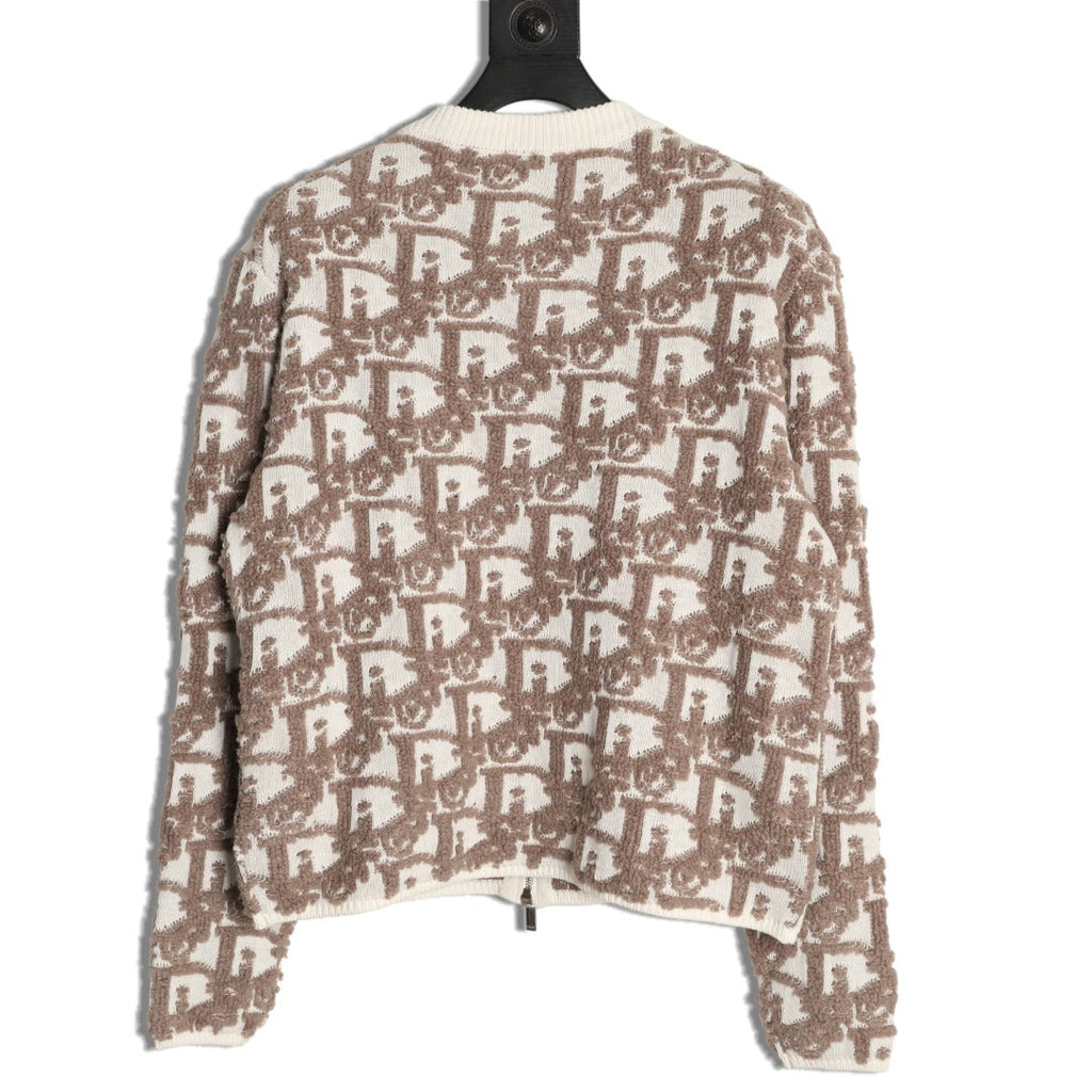 Dior CD Oblique Pattern Zip-Front Knit Cardigan - Beige